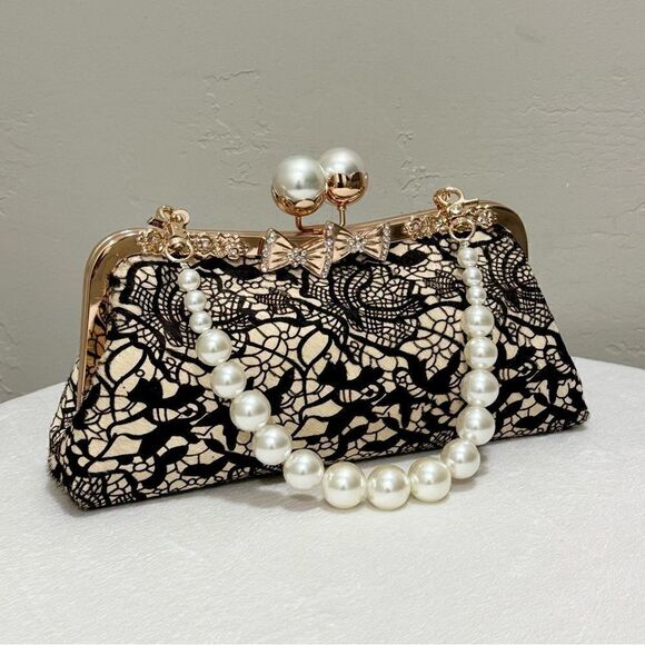 Lace Print Real Hair-on horsehide Pearl Kisslock Clutch/Wristlet/Crossbody - Picture 1 of 16